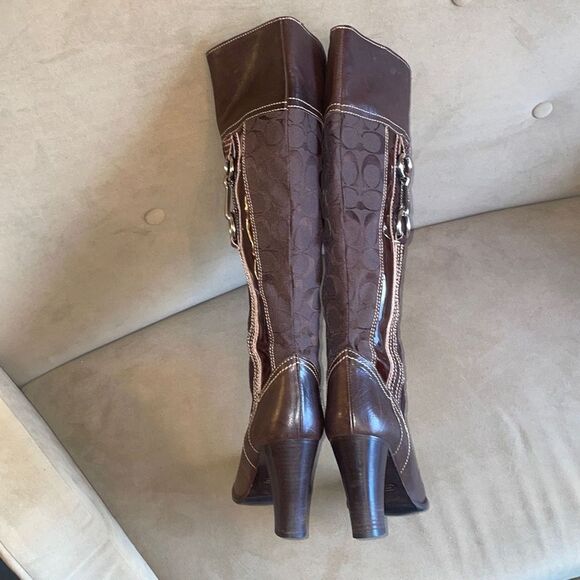 RARE Coach Yvette Tall Leather & Logo Fabric Mixed Media Boots sz 7.5 - Brown - Picture 5 of 13